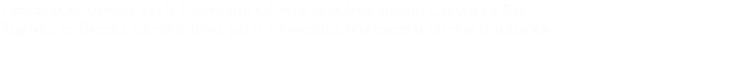 Licenciada en Derecho por la Universidad del Valle de México campus Guadalajara Sur. Posgrado en Derecho Administrativo por la Universidad Panamericana campus Guadalajara
